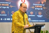 Asisten Deputi Pengurangan Risiko Bencana Kemenko PMK, Dr. Andre Notohamijoyo, M.S.M., saat menyampaikan pidato kunci dari Menko PMK, Prof. Dr. Pratikno, M.Soc.Sc., dalam kegiatan Pertemuan Ilmiah Kebencanaan ke-9 di UMY