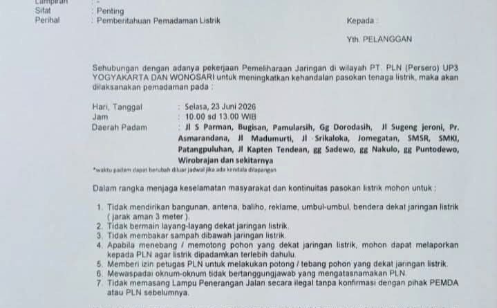 PLN Lakukan Pemadaman Terjadwal di Yogyakarta, Aktivitas Warga Diminta Menyesuaikan