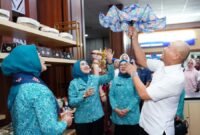 Wali Kota Lubuk Linggau memamerkan kriya payung batik khas daerah kepada Ketua TP PKK Sumsel saat kunjungan kerja di Kota Lubuk Linggau