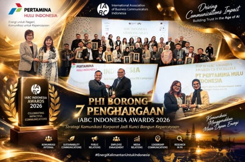 Tim Manajemen PT Pertamina Hulu Indonesia (PHI) bersama para pemenang foto usai menerima tujuh penghargaan dalam ajang IABC Indonesia Awarding Night 2026 di Le Méridien Hotel
