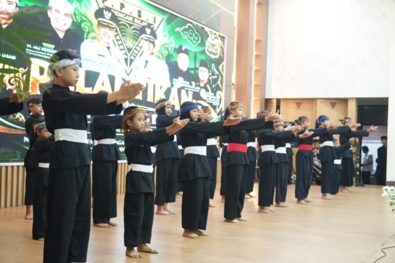 Pesilat muda memeragakan jurus pencak silat saat Pelantikan DPD PPSI Kabupaten Bandung 2026–2031 di Gedung Moh. Toha, Soreang