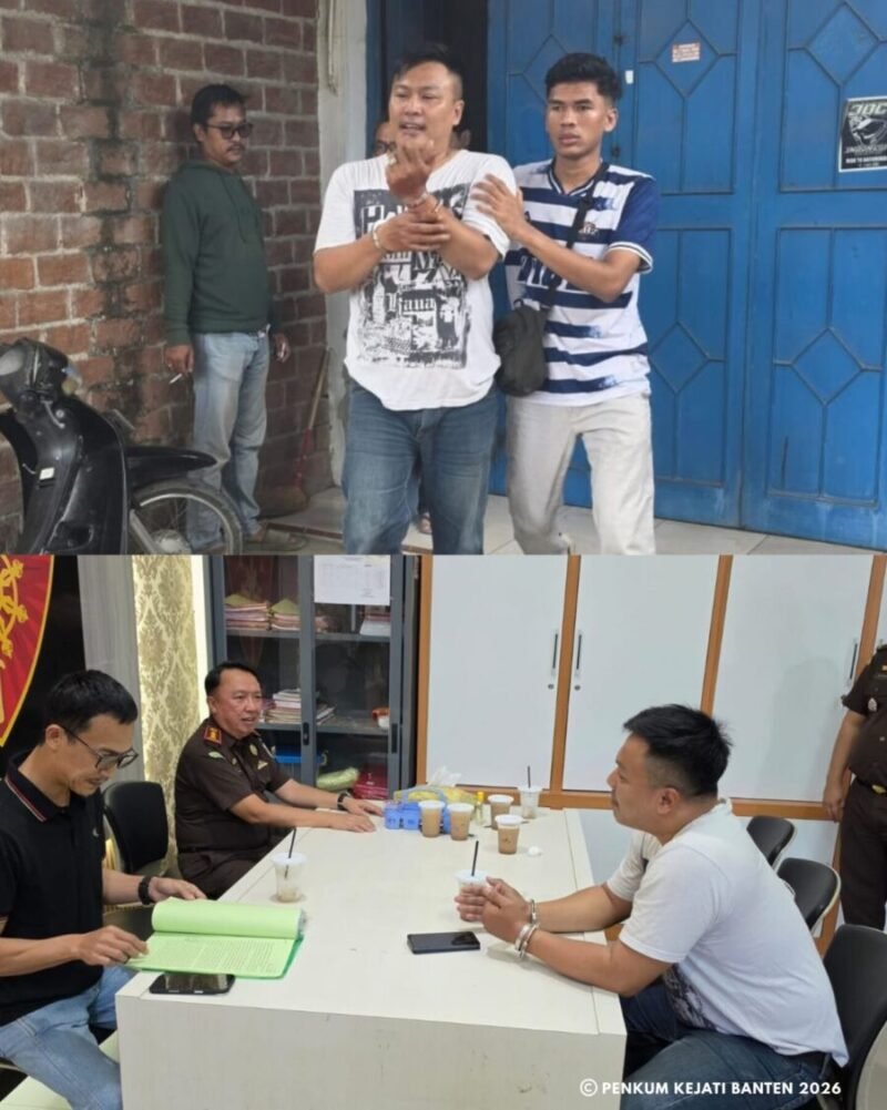 Terpidana YAKH alias Tio diamankan Tim Tabur Kejati Banten di Kabupaten Tegal (atas), lalu dibawa ke kantor kejaksaan untuk proses serah terima kepada Jaksa Eksekutor (bawah).
