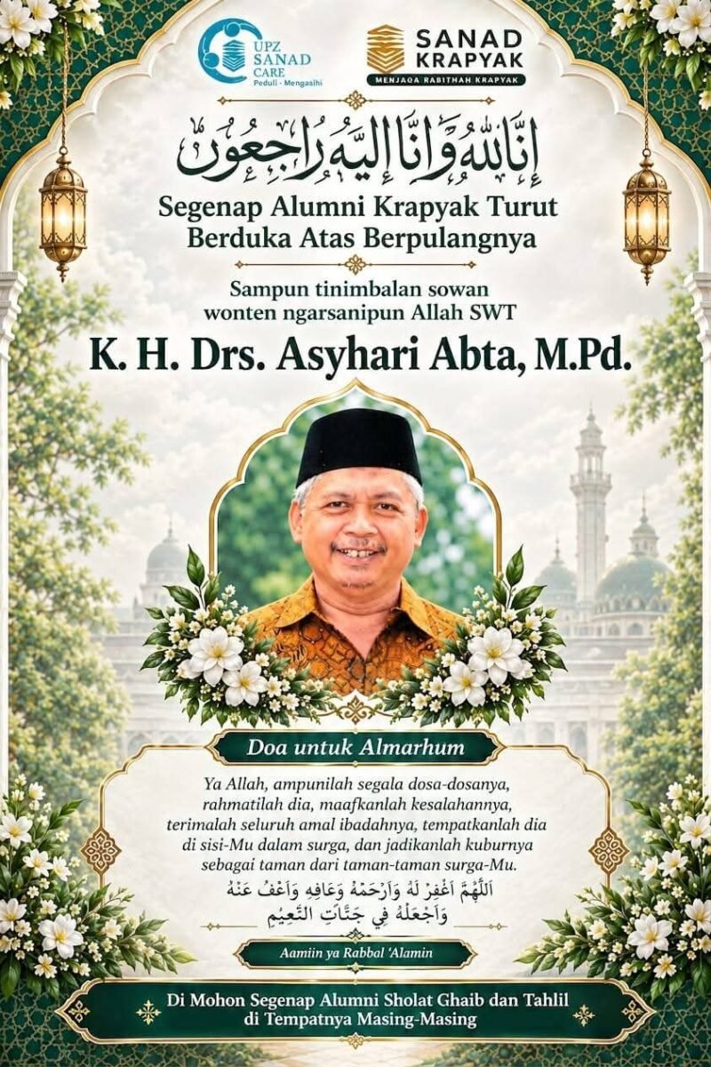 Poster ucapan belasungkawa dari Alumni Krapyak atas wafatnya K.H. Drs. Asyhari Abta, M.Pd., Kamis (24/9/2026).