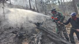 Personel Koramil 11 Kaliwiro bersama warga menyemprot sisa bara api saat proses pendinginan lahan bekas kebakaran di Bukit Bluwuk, Desa Kaliguwo, Kaliwiro, Wonosobo  
