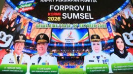 Tampilan layar utama rapat yang memuat informasi agenda Rapat Persiapan Panitia FORPROV II KORMI Sumsel 2026 yang akan digelar di Kabupaten Muara Enim.