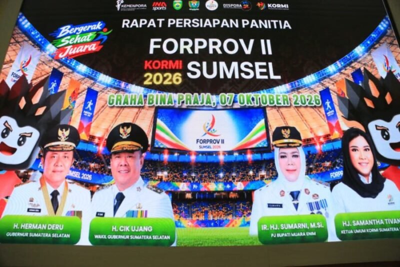 Tampilan layar utama rapat yang memuat informasi agenda Rapat Persiapan Panitia FORPROV II KORMI Sumsel 2026 yang akan digelar di Kabupaten Muara Enim.