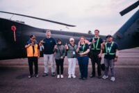 Kepala BPBD Provinsi Lampung Aswarodi (paling kiri, rompi oranye) berfoto bersama tim Satgas Udara dan kru di depan helikopter water bombing BNPB yang disiagakan untuk penanggulangan karhutla.