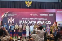 Foto Direktur DRP UMY, apt. RR. Sabtanti Harimurti, S.Si., M.Sc., Ph.D., (jilbab pink keenam dari kiri foto) menerima tropi Juara 2 Mandaya Awards 2026